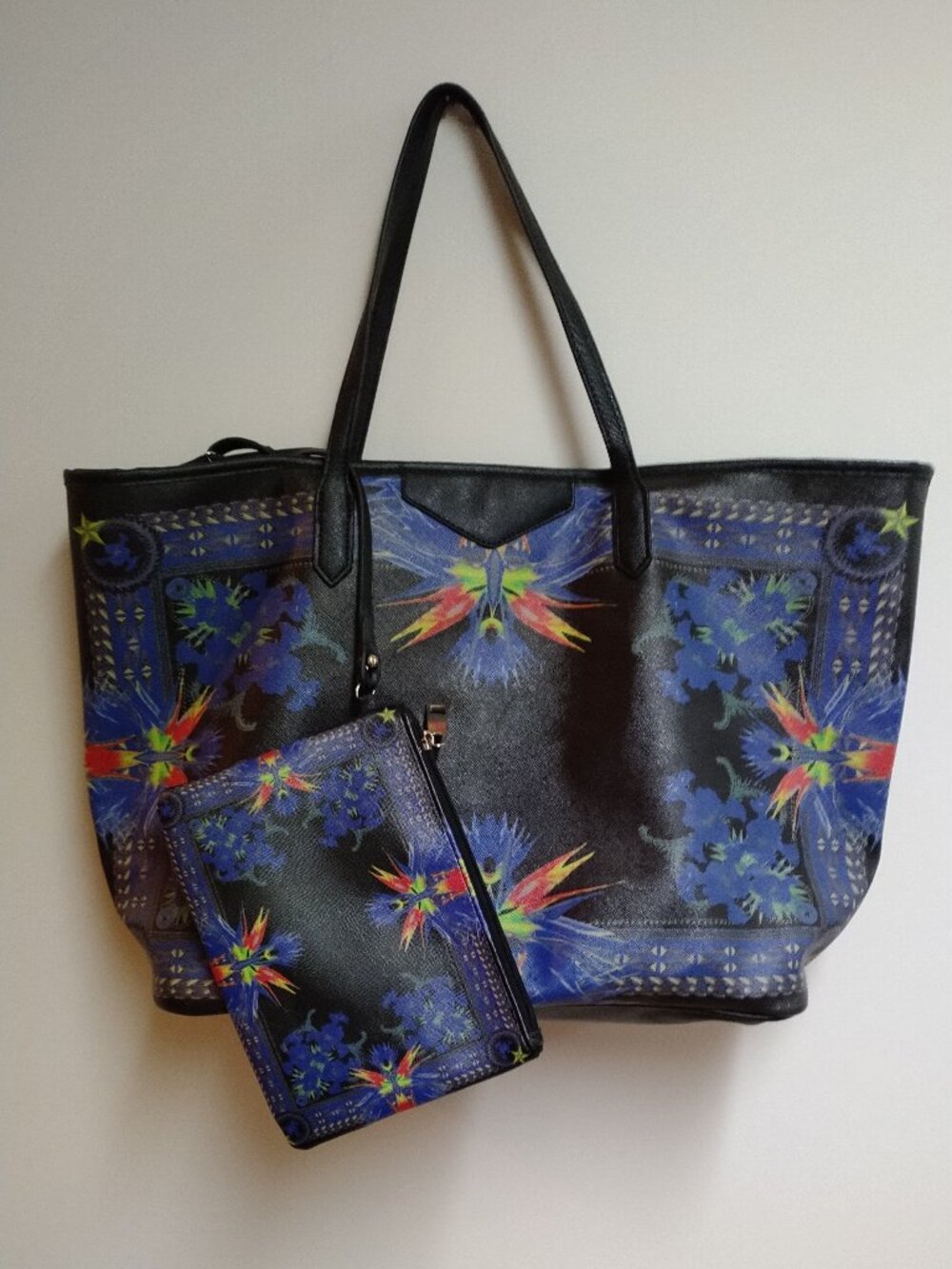 Large Tote Bag with Matching Clutch in Vibrant Print on Black Background